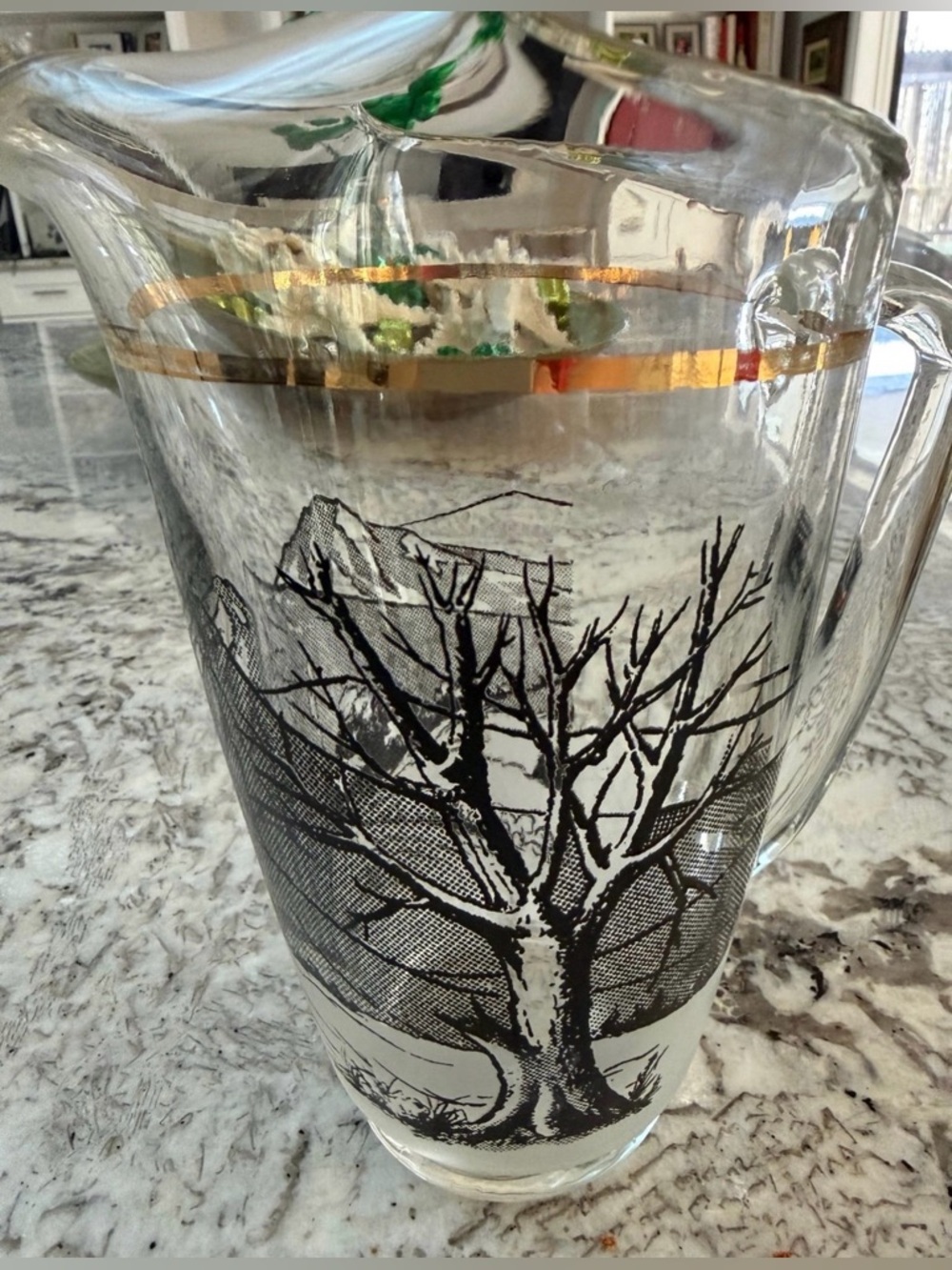 Vtg MCM Glass Pitcher Black Winter Tree Mountain Scene Gold Rim Ice Lip 7” - Picture 9 of 12